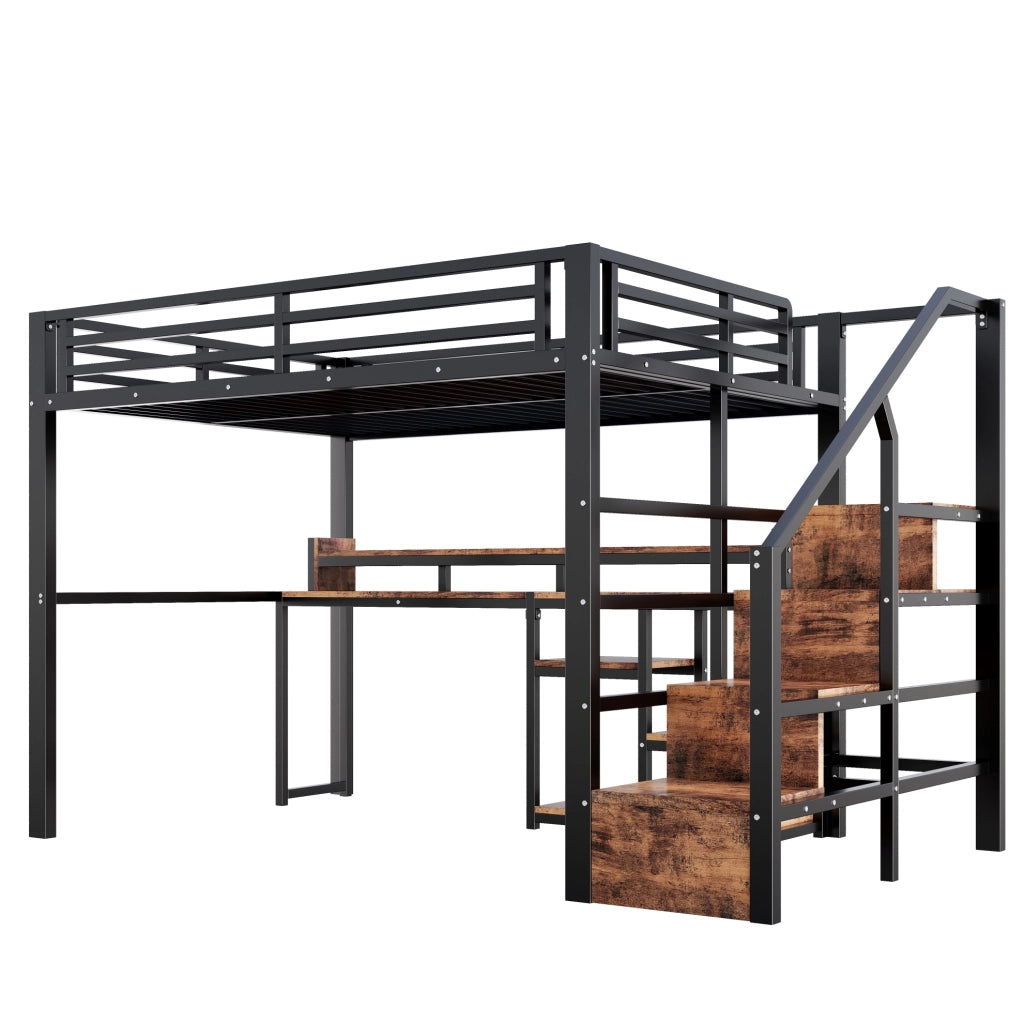 Letto a soppalco 140x200 cm in metallo e MDF; con scala contenitore; LED e USB; nero