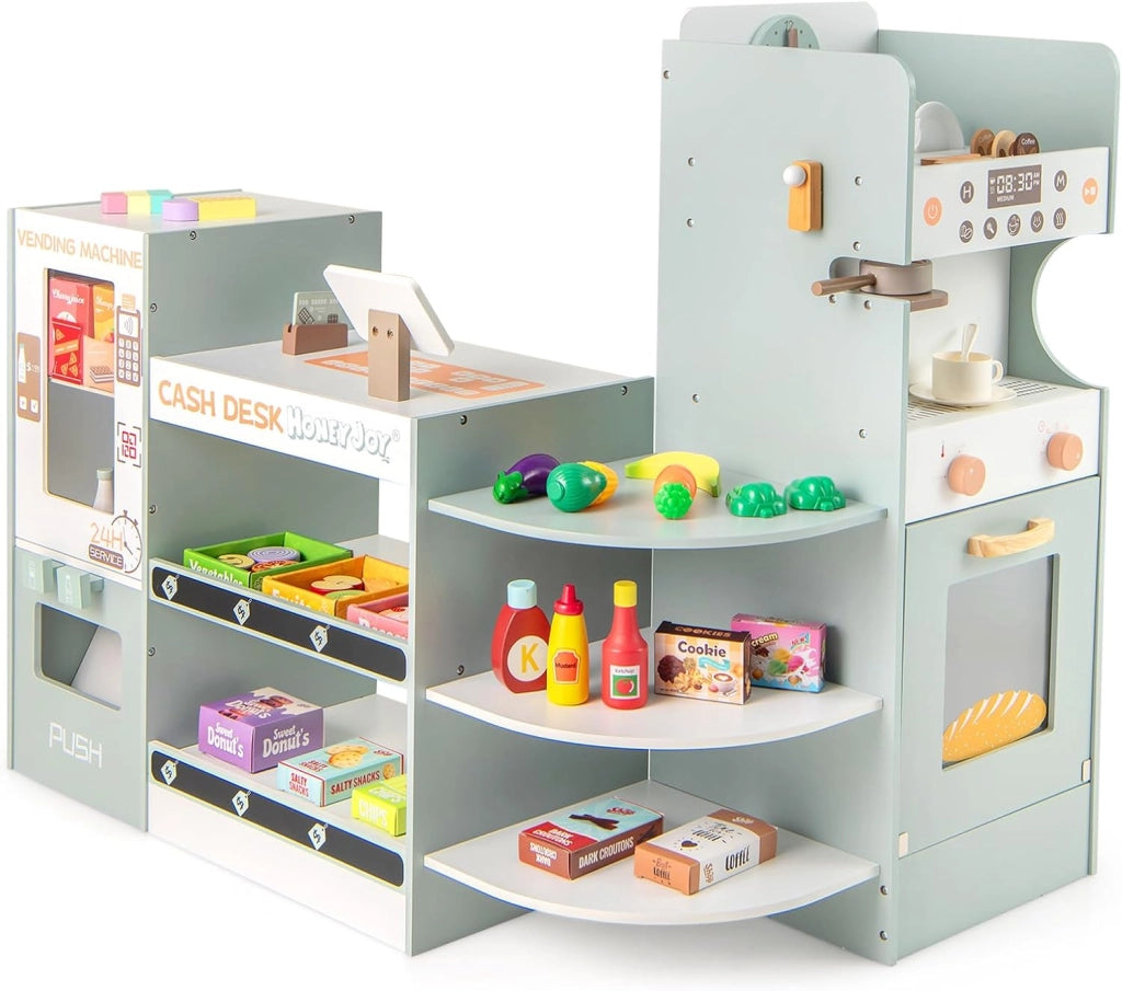 Mercato Giocattolo per Bambini con Cassa, Negozio Giocattolo in Legno con Macchina Caffè e Distributore Automatico, Banco Mercato Giocattolo con Scaffali e 30 Accessori, per Bambini 3+ Anni