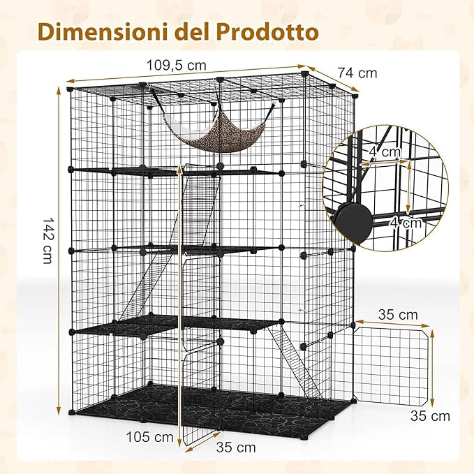 Gabbia per Gatti a 4 Piani in Metallo e PP, Torre per Animali con Amaca Comoda, Scale, Porte e Finestra, Recinto in Filo Metallico per Furetti, Conigli e Cani (109,5 x 74,5 x 143 cm)
