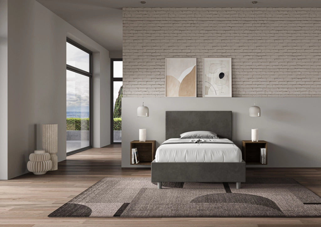 BS COM Letto singolo con rete imbottito 100x210 microfibra grigio