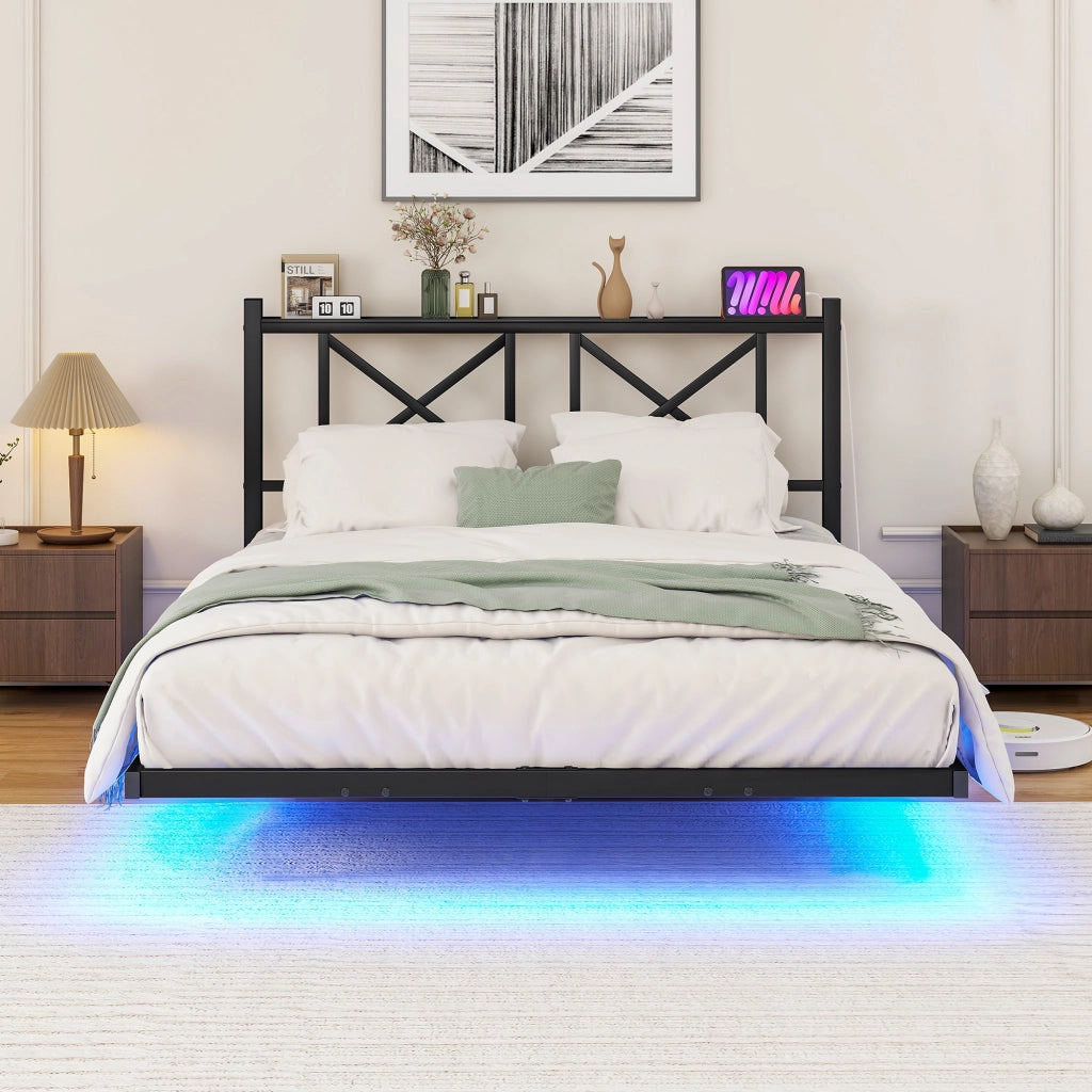 Letto 120 × 200 cm in metallo con testiera contenitore LED e stazione di ricarica nero