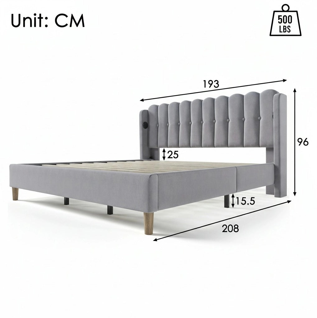 Letto matrimoniale imbottito grigio 180x200 cm con USB e USB-C