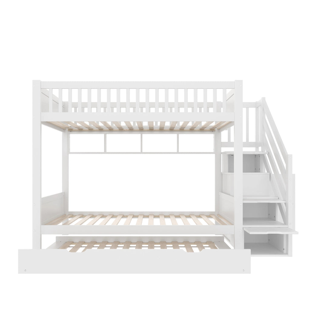 Letto a castello per bambini con letto estraibile, armadio, ripiani e scaletta contenitore, 90x200 cm, bianco