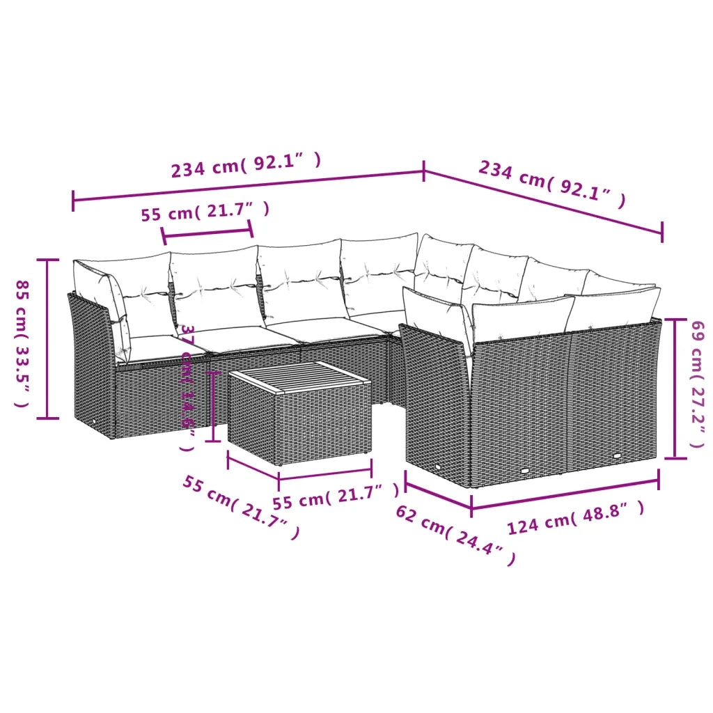Set Divano da Giardino 9 pz con Cuscini Beige in Polyrattan 3255862