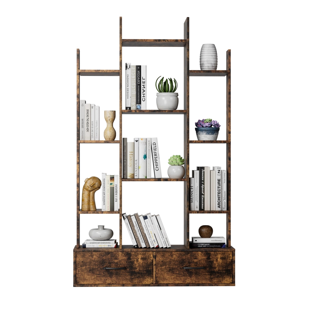 Libreria con 12 ripiani e 2 cassetti; anti-ribaltamento - per soggiorno e studio - in metallo e legno - 86.1x25.1x140.5 cm - marrone