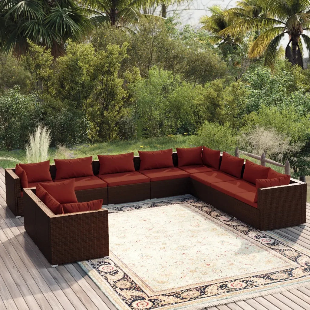 Set Divani da Giardino 10 pz con Cuscini in Polyrattan Marrone 3102515