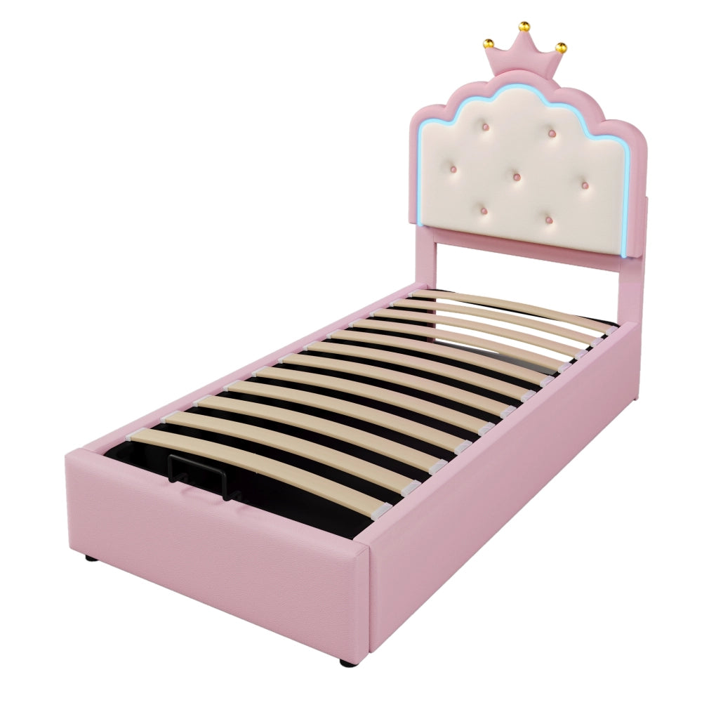 Letto per bambini imbottito 90x200 cm in PU e MDF con luce LED e contenitore, rosa