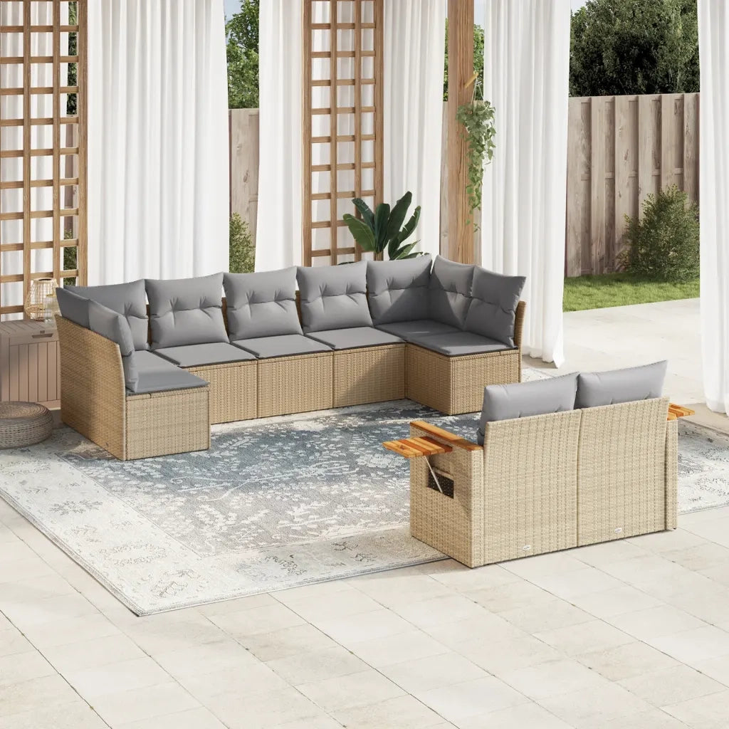 Set Divano da Giardino 9 pz con Cuscini Beige in Polyrattan