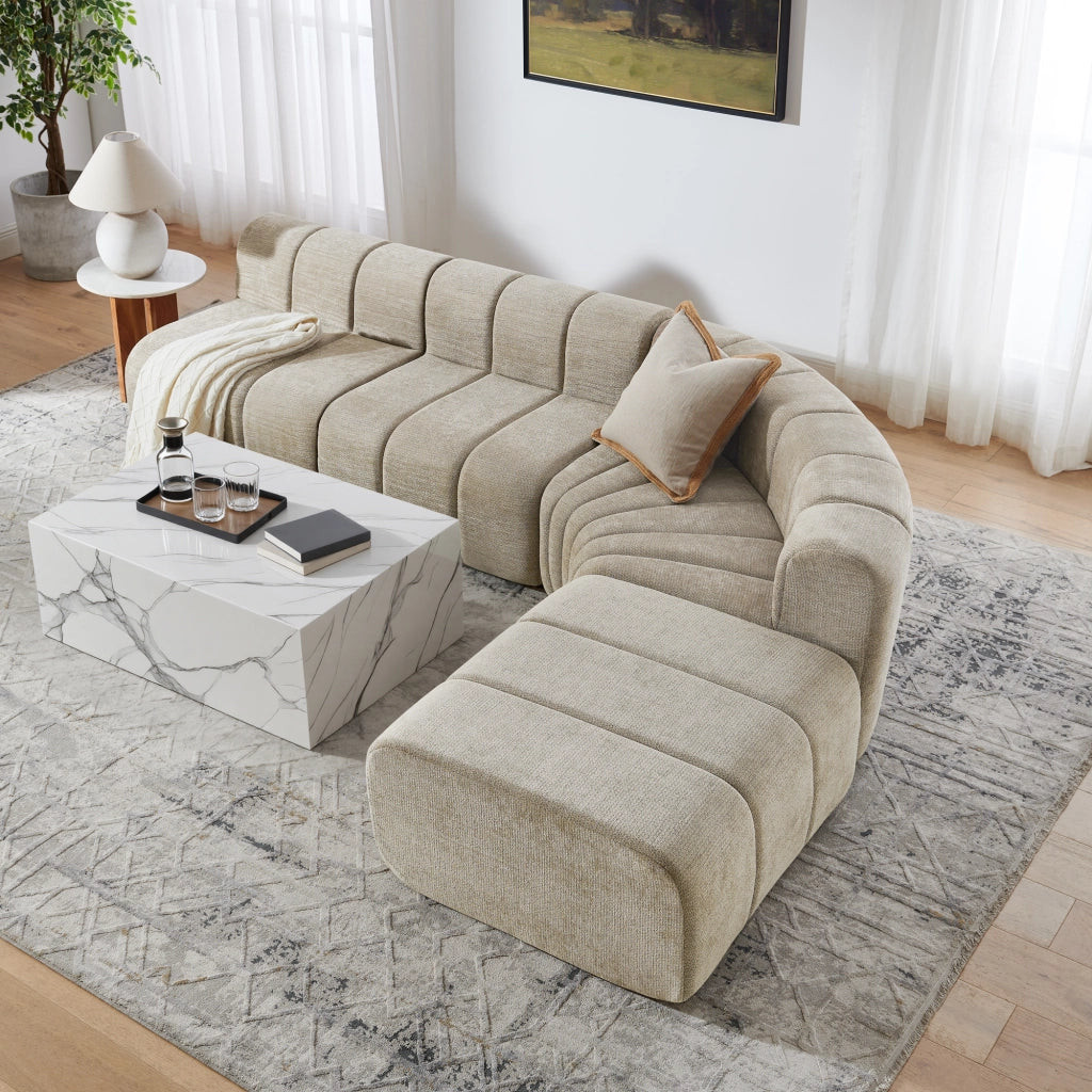 Divano angolare modulare a 4 posti in chenille marrone con moduli combinabili e seduta versatile per salotto