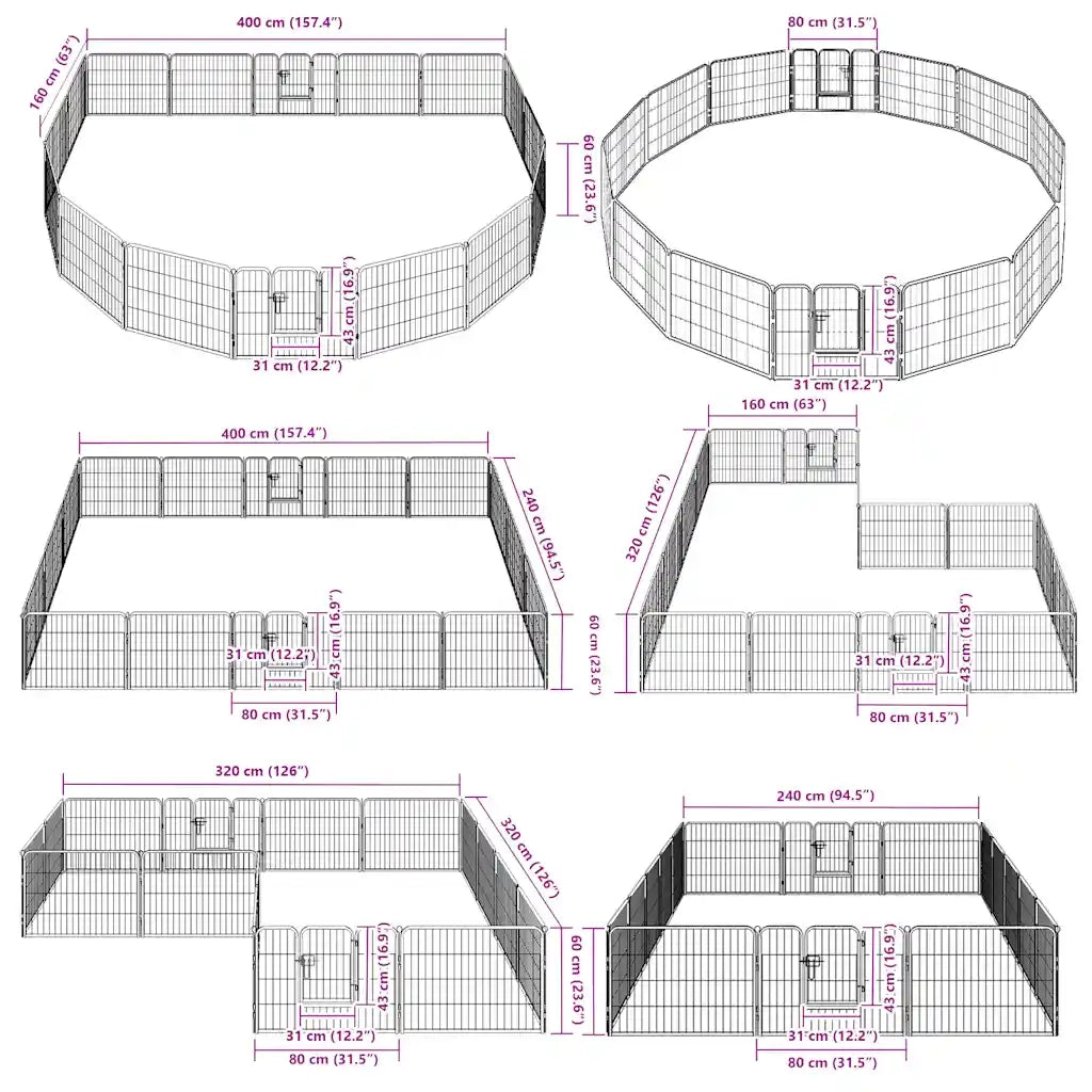 Box per Cani con 16 Pannelli in Acciaio 60x80 cm Nero