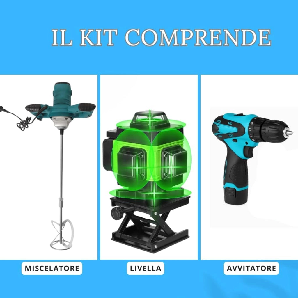 Kit Professionale 3 in 1, Miscelatore Malta e Cemento 1600W 6 Velocità M14 + Livella Laser 4D 16 Linee Autolivellante + Avvitatore con 2 Batterie, Set Completo da Lavoro