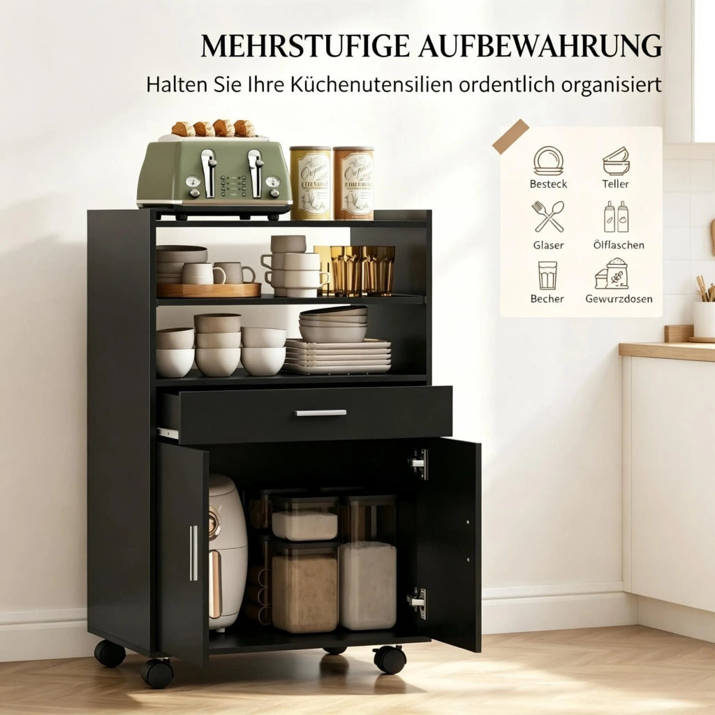 Carrello da cucina a microonde su ruote, mobile con armadio, cassetti e ripiani