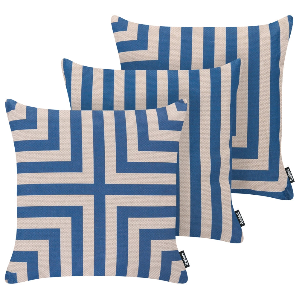 Set di 3 cuscini da esterno blu e beige in olefina decorativi per giardino