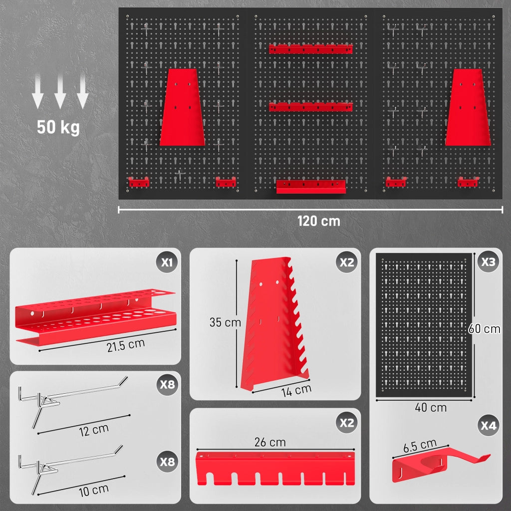 Pannelli Porta Attrezzi da Parete ¨C Minimal ¨C Acciaio, Nero e Rosso, 3 Pezzi