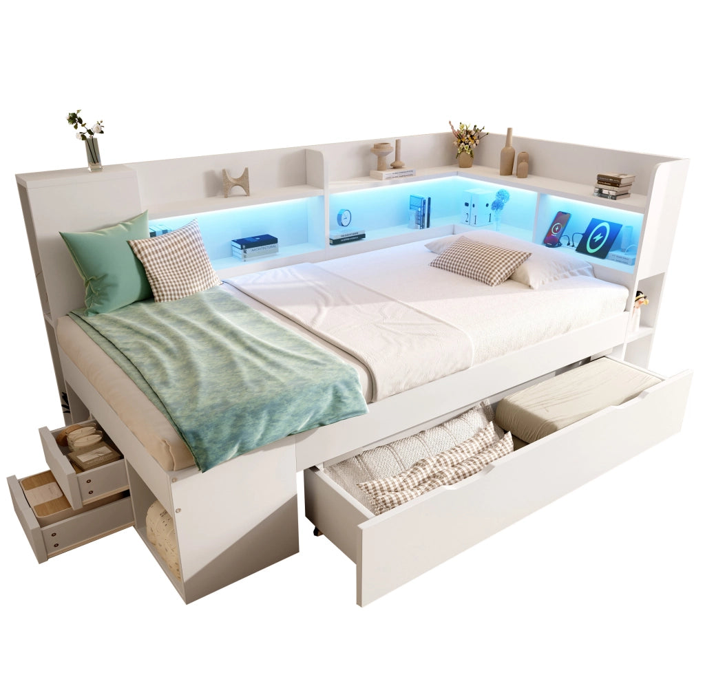 Letto singolo 90x200 cm con materasso, LED, USB e cassetti