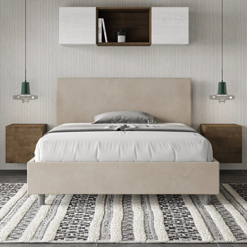 Letto matrimoniale francese senza rete imbottito 140x200 microfibra sabbia Adele