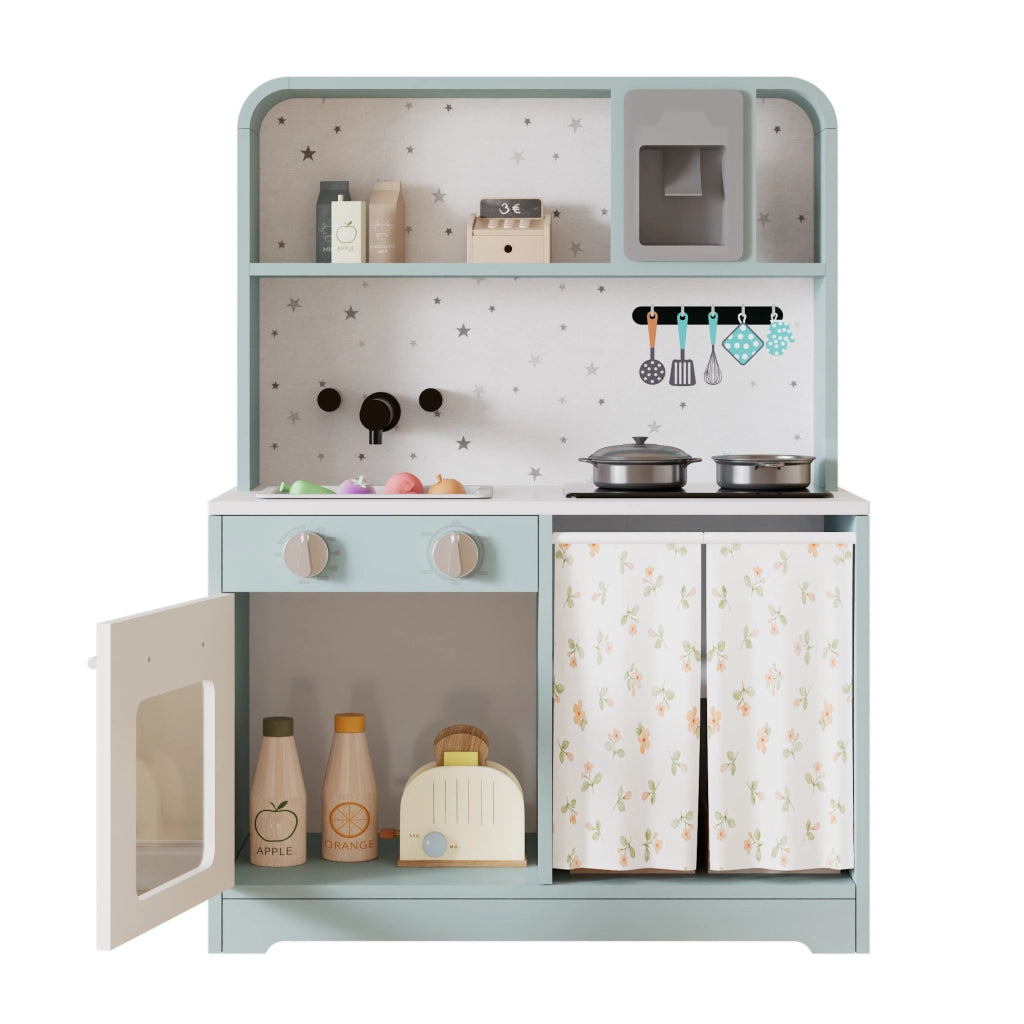 Cucina giocattolo per bambini con distributore di ghiaccio, microonde e accessori in MDF blu 29 × 60 × 81 cm