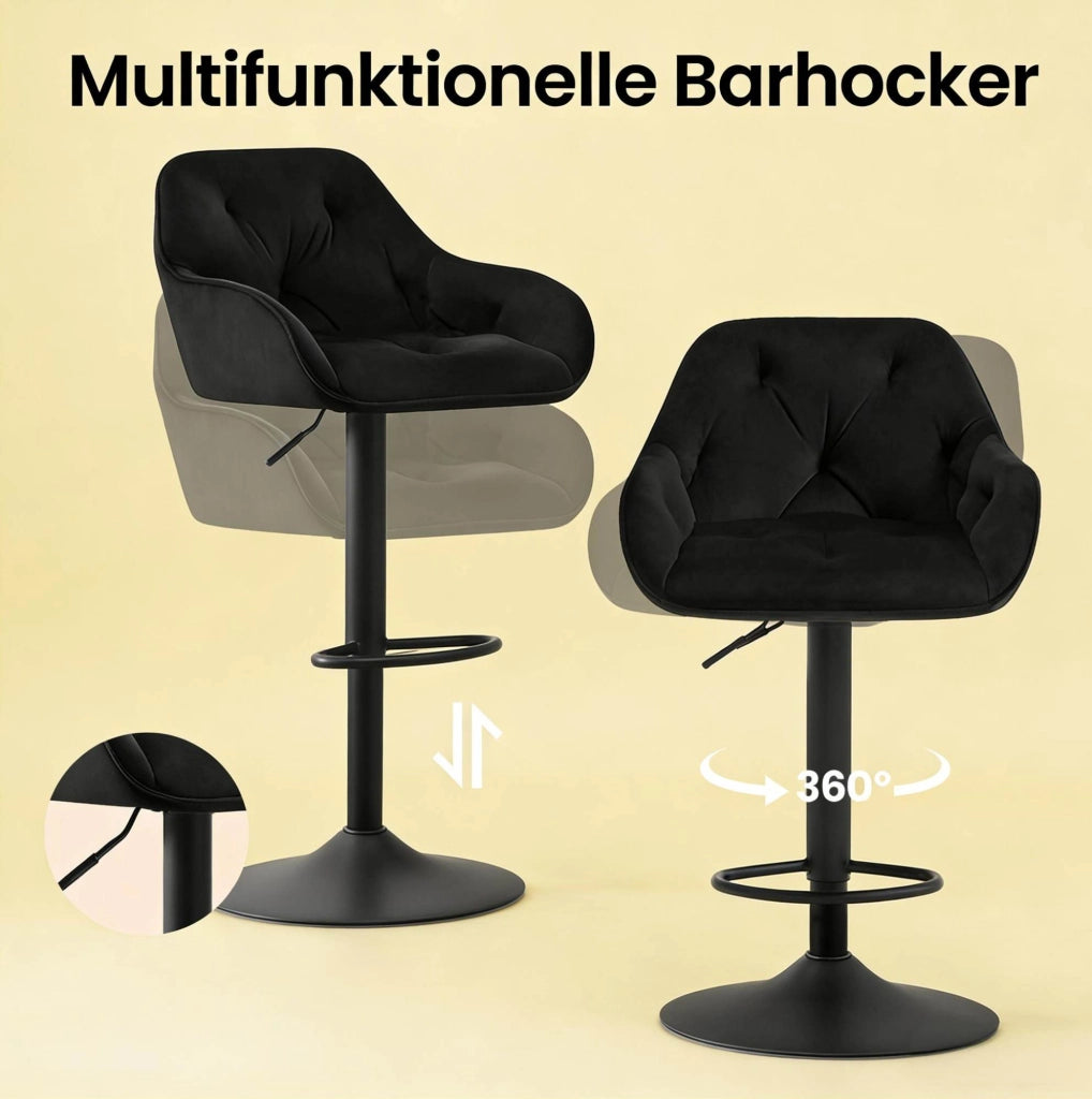 SGABELLO BAR Regolabile 62,5-84 cm in Velluto Nero Set da 2 pezzi