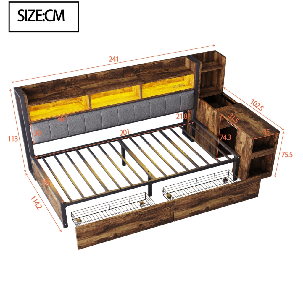 Letto 90x200 cm con scrivania estraibile e cassetti; metallo e legno
