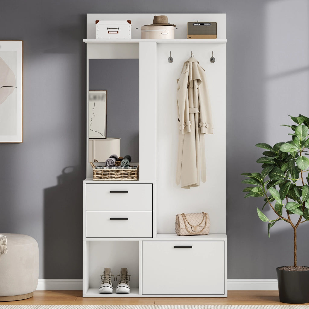 Mobile ingresso con scarpiera e specchio guardaroba bianco 90x30x180 cm in MDF