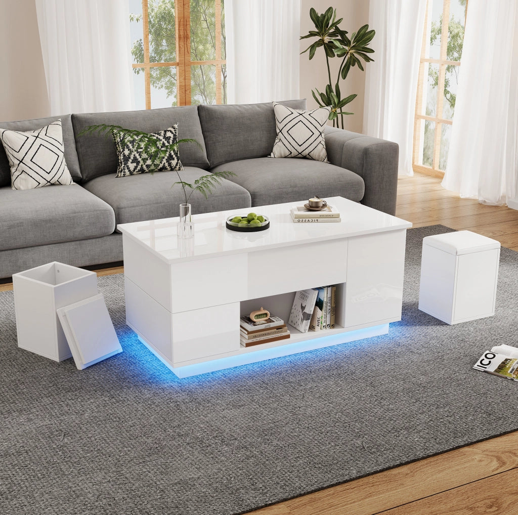 TAVOLINO DA CAFFÈ Sollevabile 100x50x45 cm Bianco con LED e 2 Pouf