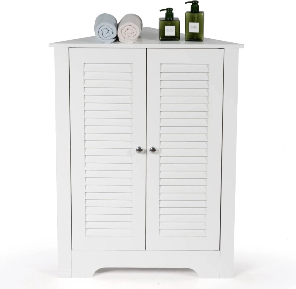 Mobile Angolare, Armadietto ad Angolo con 3 Livelli Ripiani, con 2 Ante e Ripiano Regolabile in Altezza, per Bagno, Ingresso, Soggiorno, Camera da Letto (Bianco)