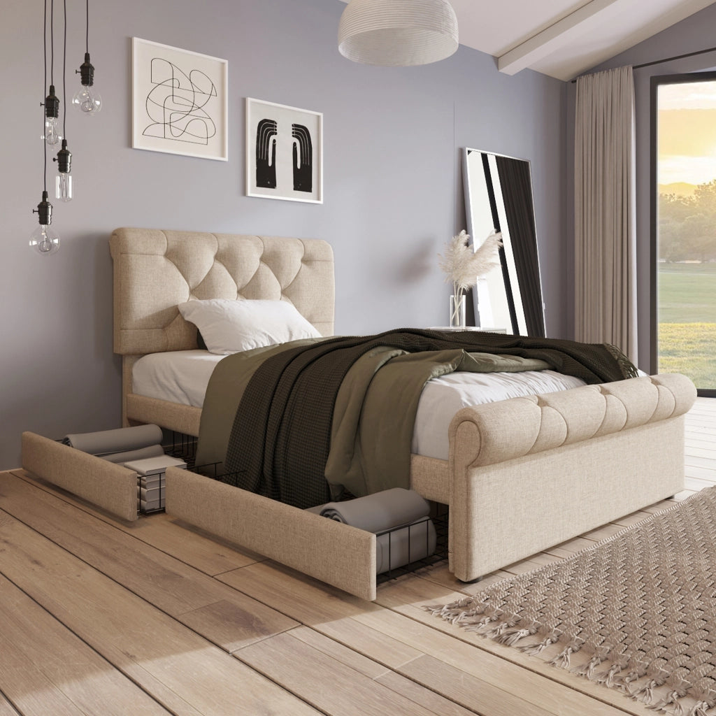 Letto singolo 90x200 cm imbottito con due cassetti
