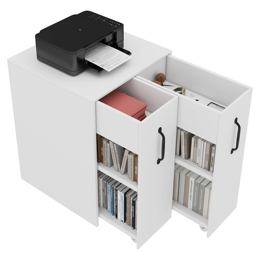 Libreria mobile 52x50x75 cm con cassetto e ripiani; reversibile; bianca