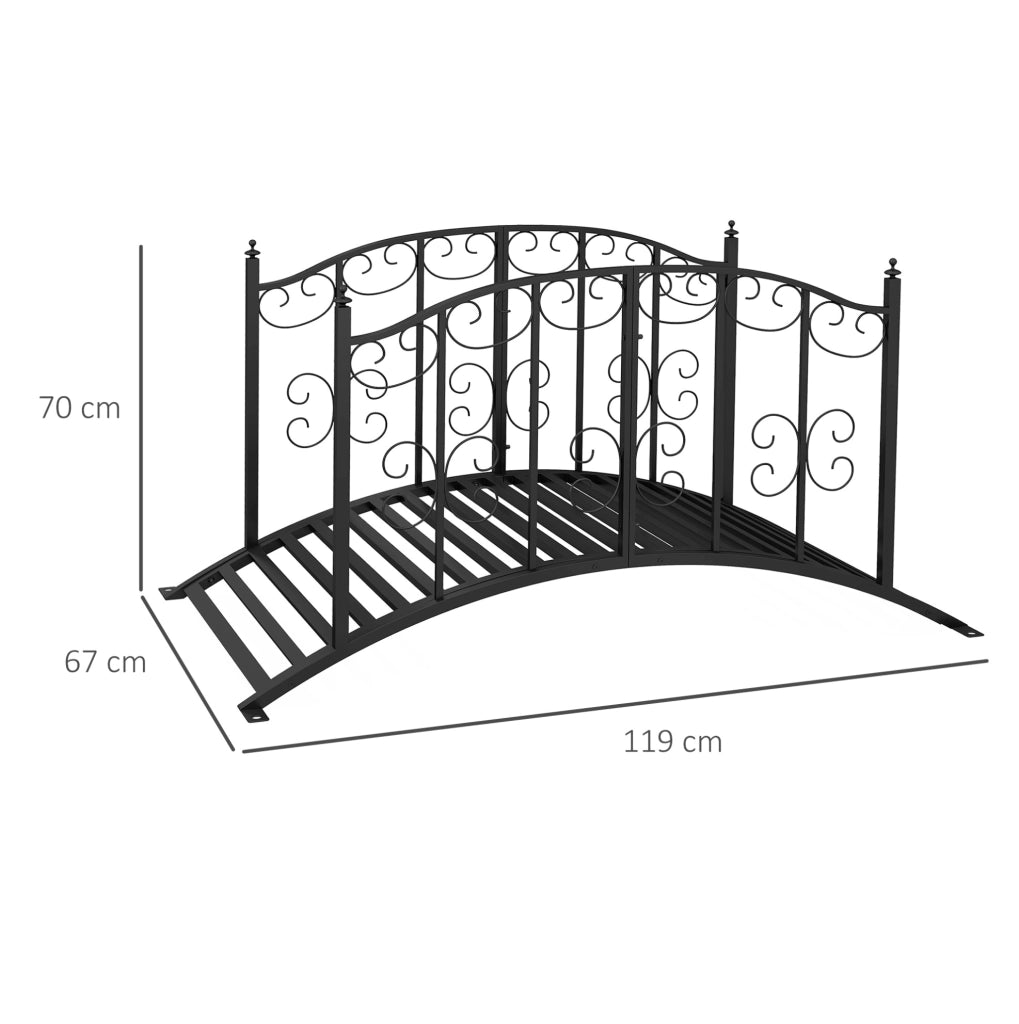 Ponte da giardino ULEVR 119x67 cm in acciaio nero con ringhiere e motivo floreale, portata 120 kg