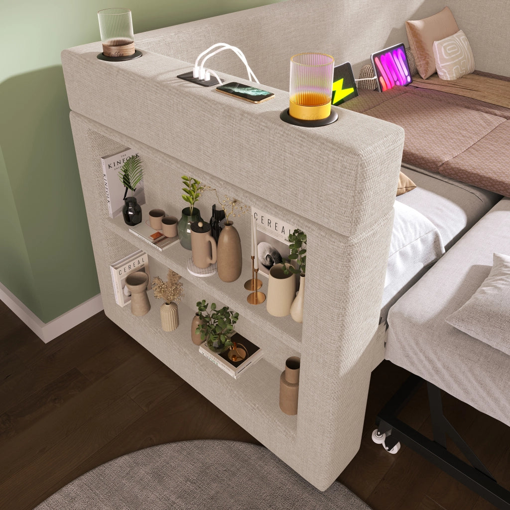 Letto singolo estraibile 90 × 190 cm con USB Type-C portabicchieri in cotone e lino beige