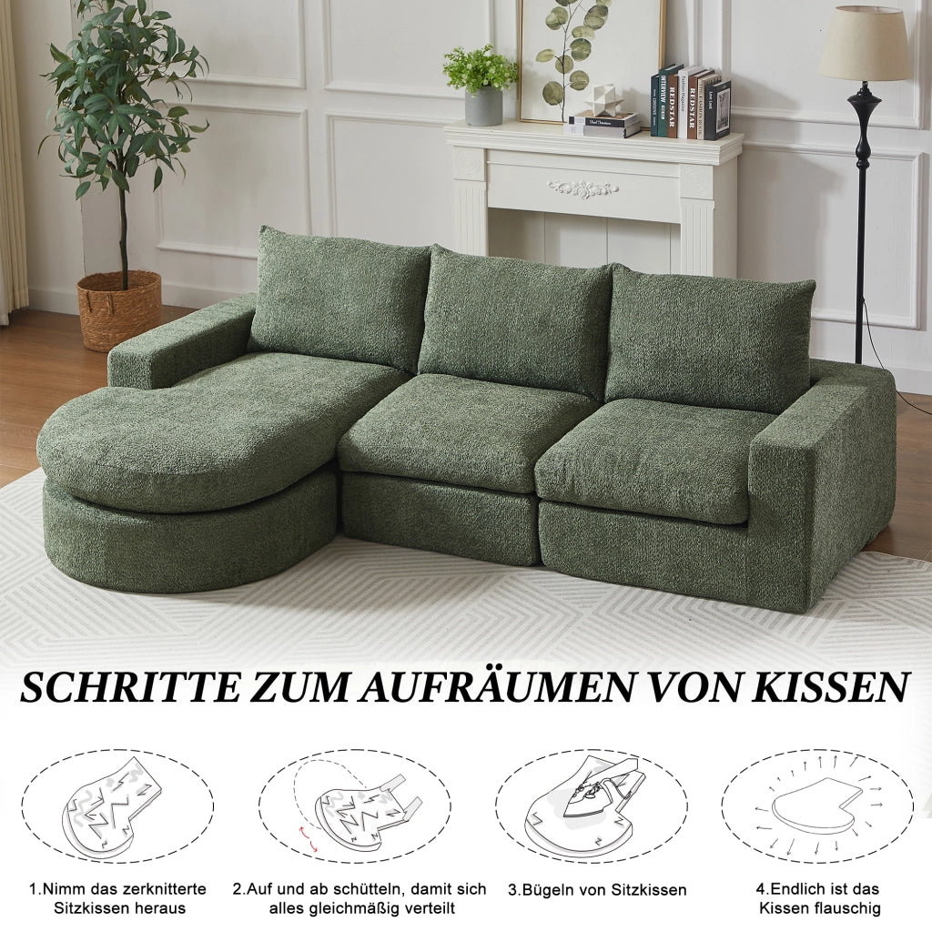 Divano Ad Angolo Reversibile Modulare 4 Moduli con cuscini e poggiatesta in Chenille Verde