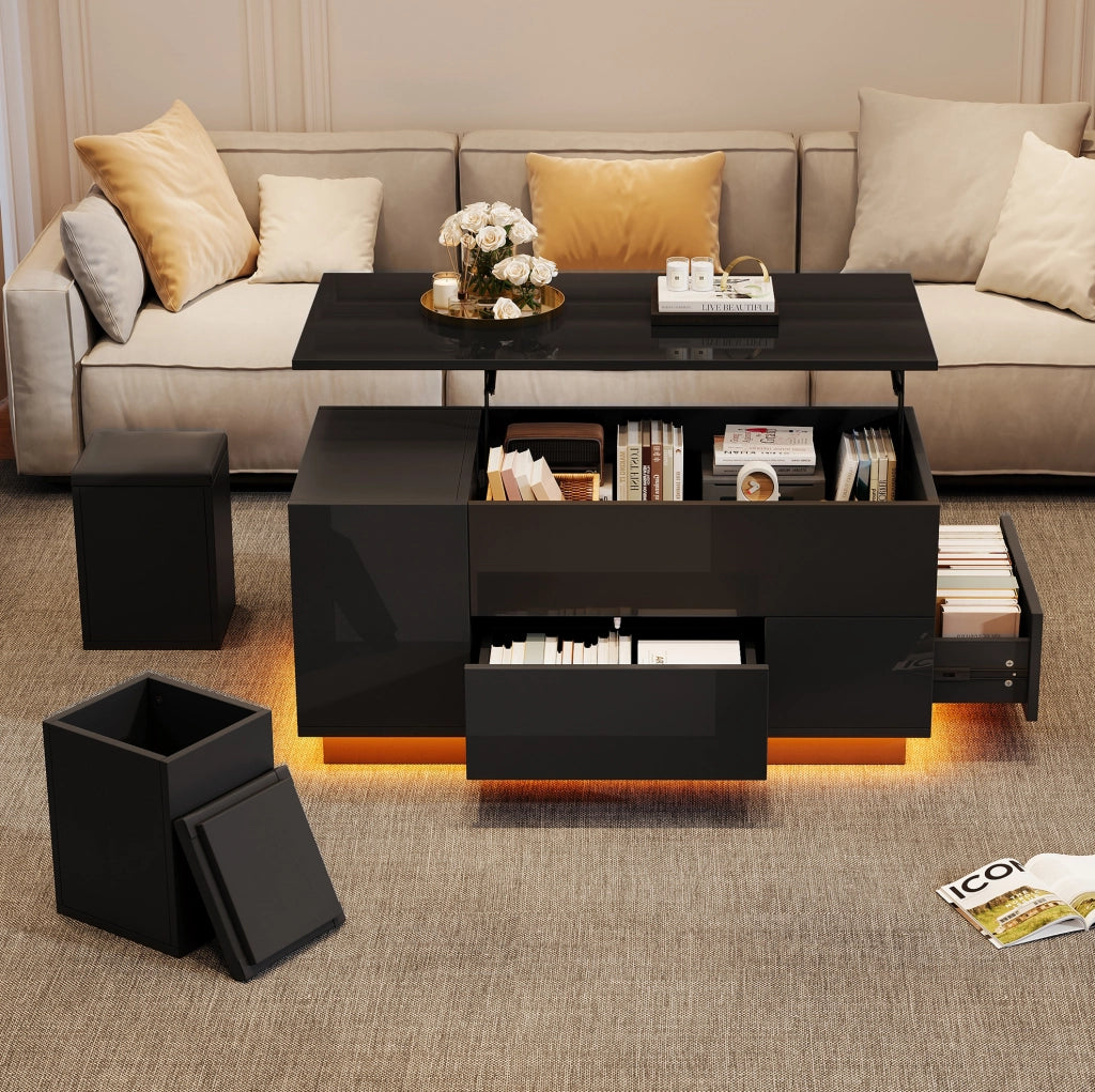 Tavolino da caff¨¨ elevabile 100x50 cm con LED, 2 cassetti e 2 sgabelli nero