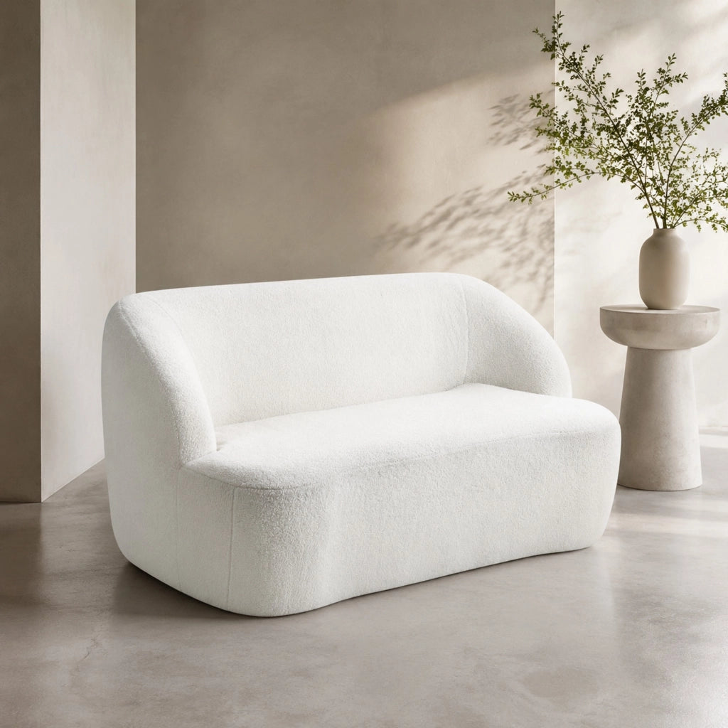 Divano a 2 posti curvo imbottito in pile bianco con base antiscivolo 73;5 × 142 × 85 cm