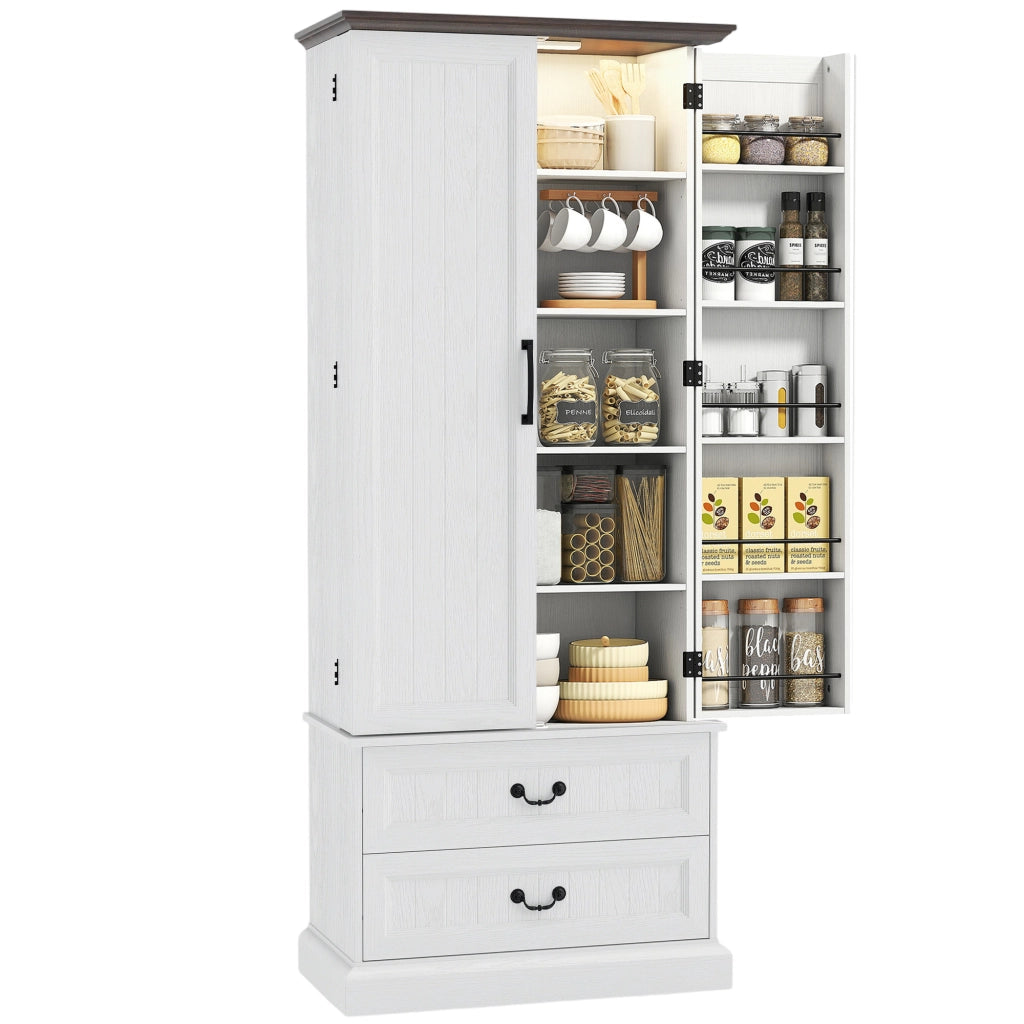 Mobile dispensa da cucina con luce LED a sensore, armadio alto 2 ante e cassetti, ripiani regolabili, 76x39,5x183cm, bianco