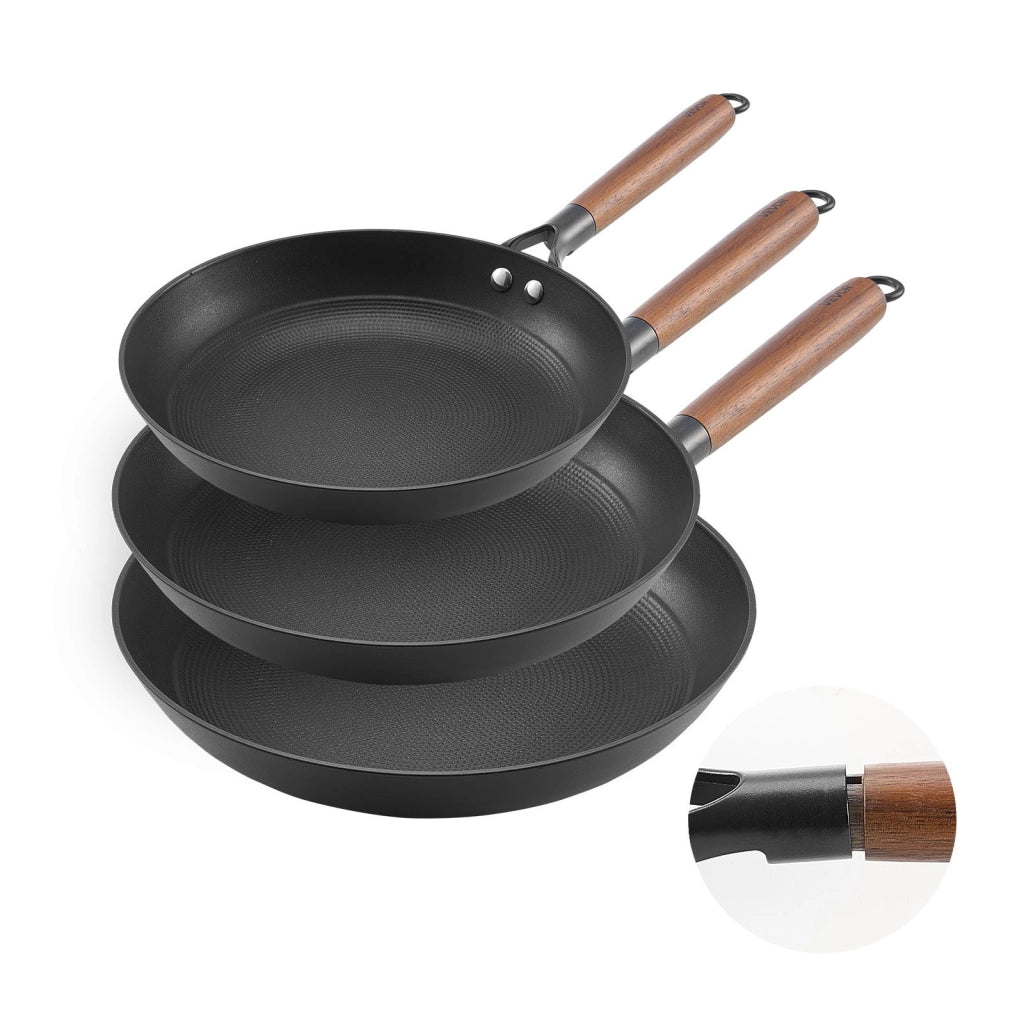Set di 3 Padelle in Ghisa Pre-Stagionata 205, 265, 310 mm con Manico in Legno Staccabile, Pentole per Induzione e Gas, Nero