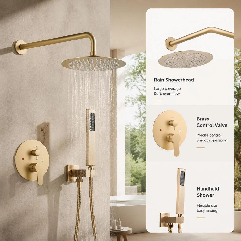 Shower Fitting, Rain Shower System For The Bathroom, Shower System With 254 Mm Round Rain Shower Head & Hand Shower, Wall-mounted Bathroom Fittings With Brass Valve & Decorative Set, Brushed Gold
