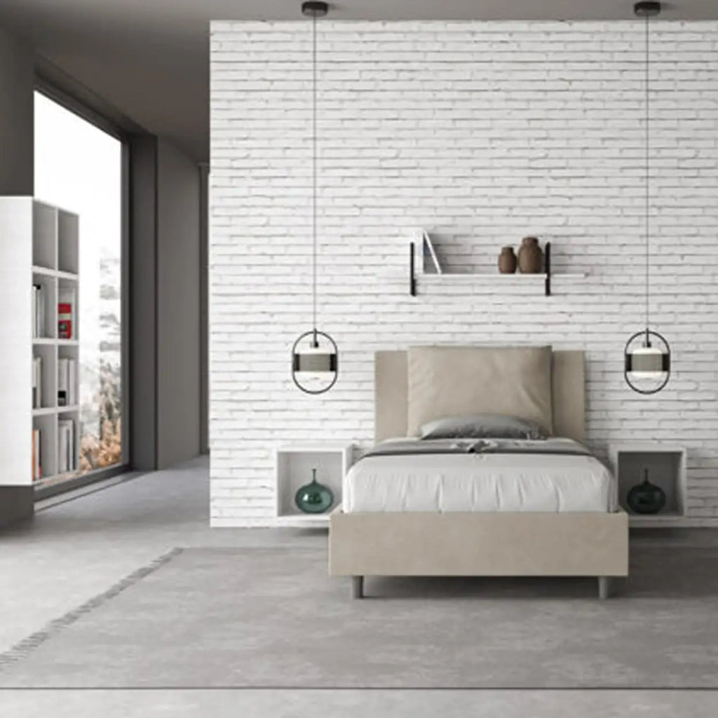 Letto una piazza e mezza contenitore imbottito 120x190 microfibra sabbia Antea