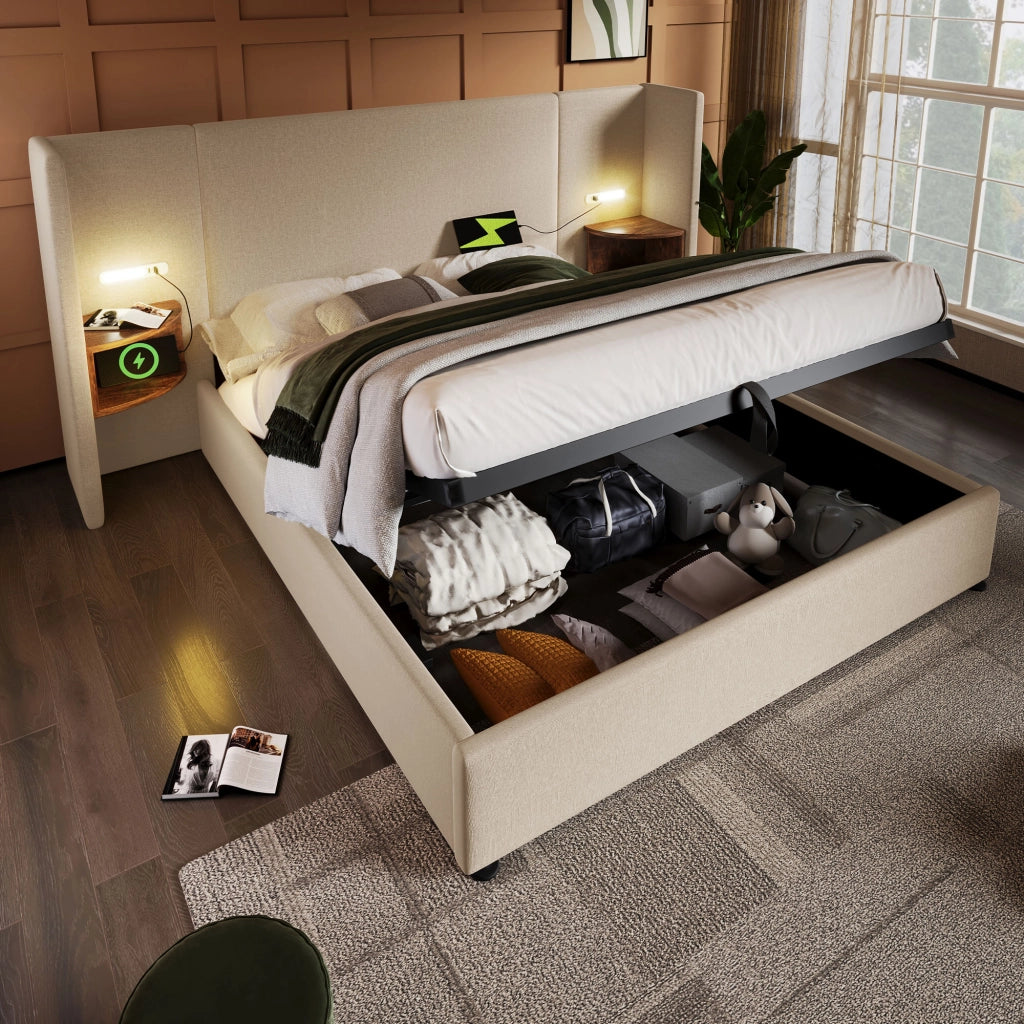 Letto matrimoniale 160x200 beige con sollevamento idraulico