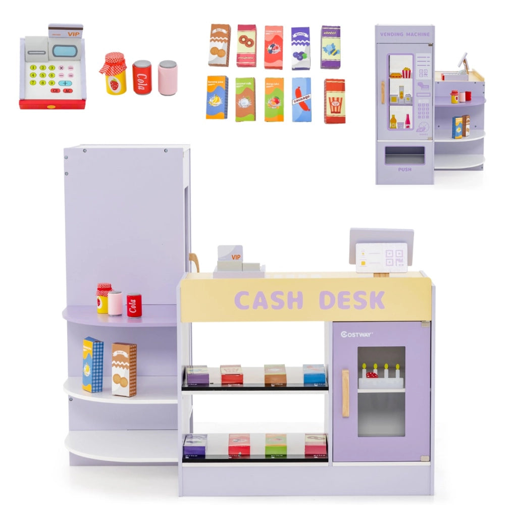 Set di giocattoli in legno per il supermercato, Playset per bambini con bancone cassa POS distributore automatico Viola-Case e cucine giocattoli