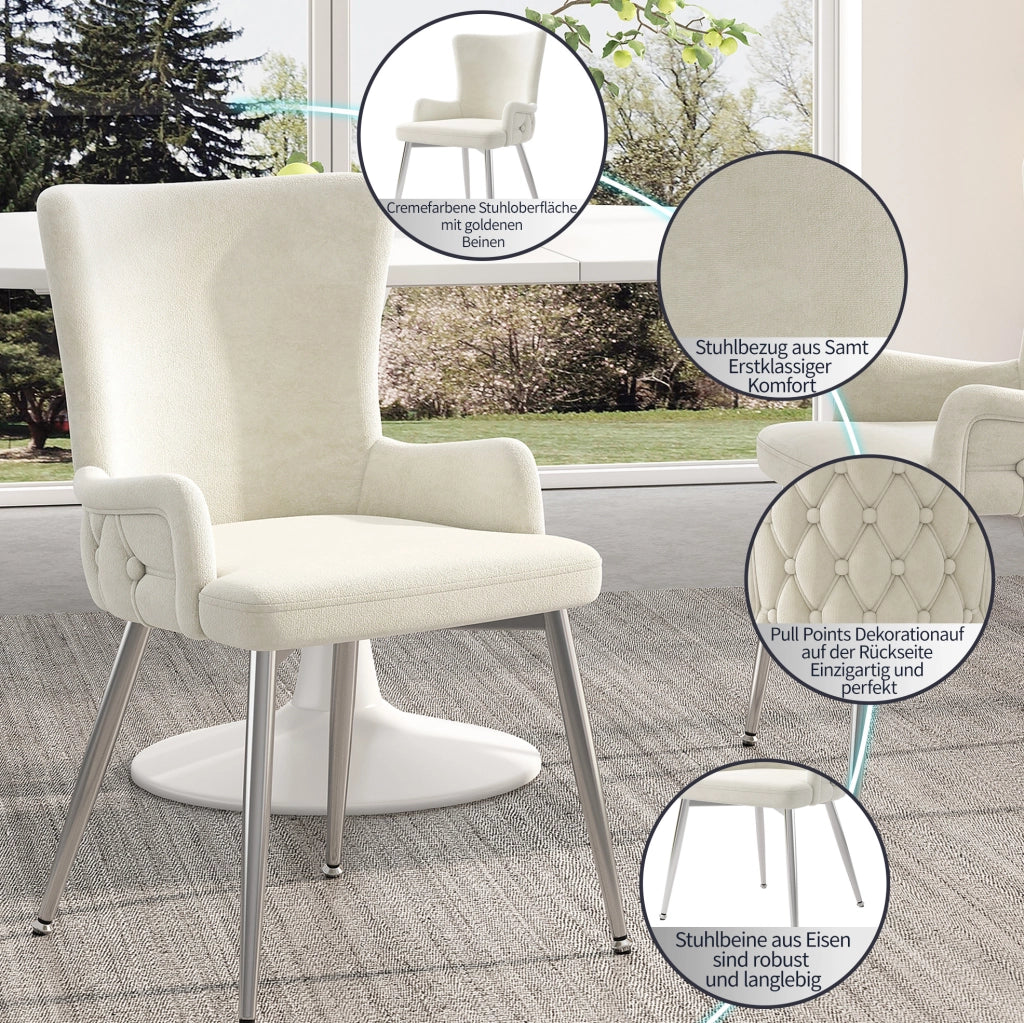 Sedia da pranzo in velluto; set da 2; gambe in metallo; beige