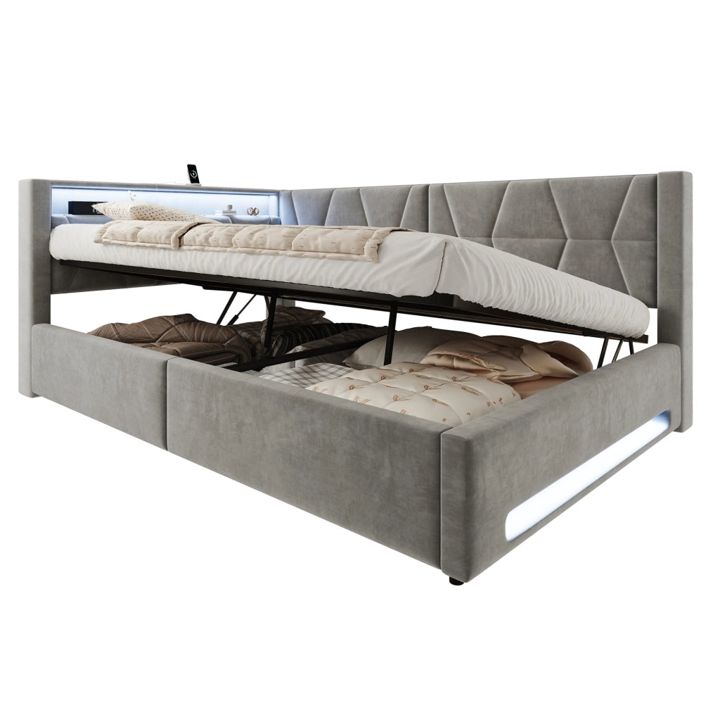 Letto imbottito 140x200 cm con contenitore, LED, USB e Type-C, velluto grigio scuro