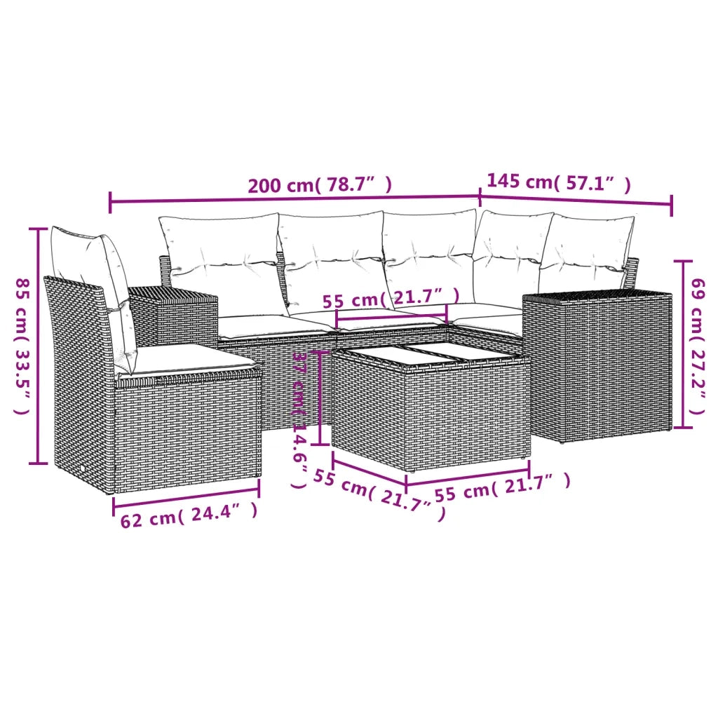 Set Divano da Giardino 6 pz con Cuscini Beige in Polyrattan 3222577