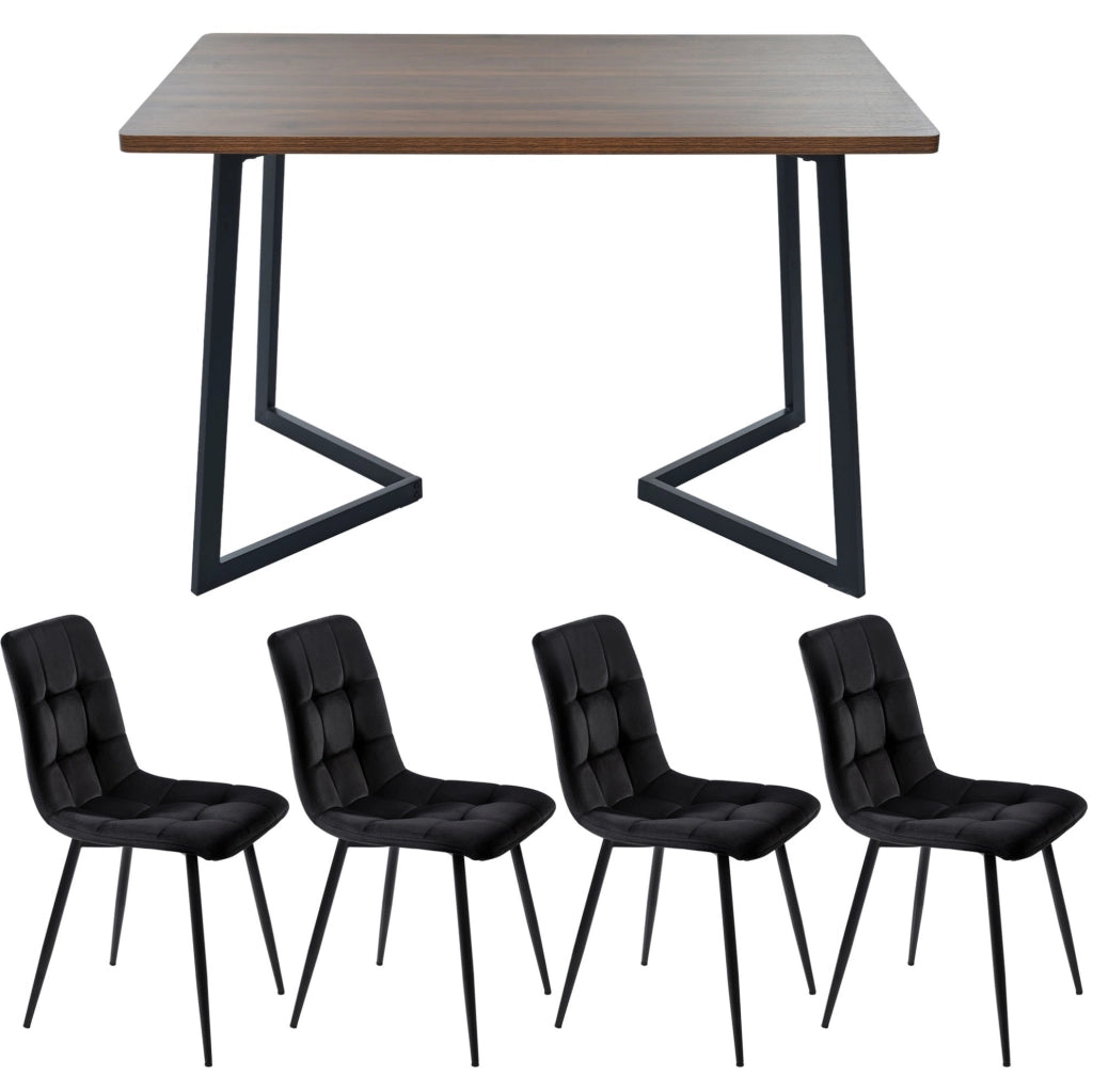 Set sala da pranzo 5 pezzi in MDF effetto noce e velluto