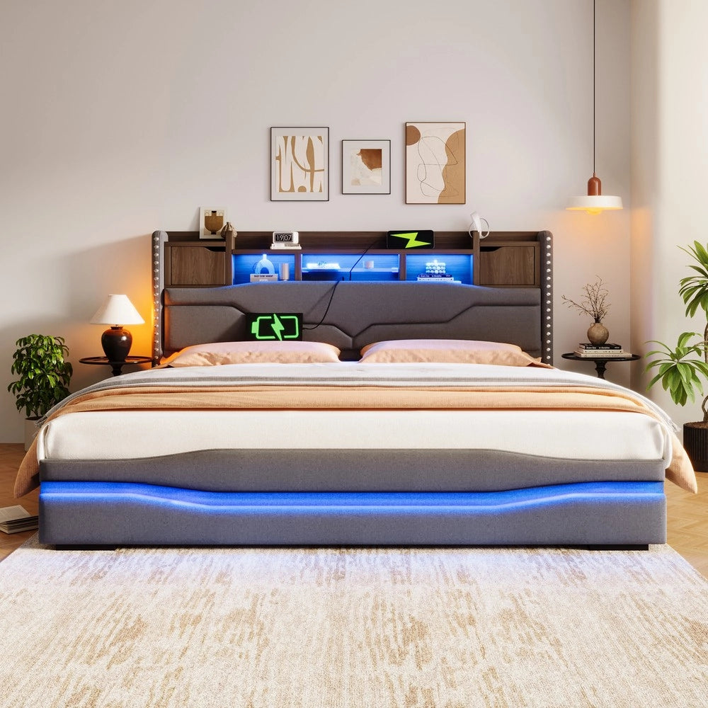 Letto Imbottito Contenitore con LED e USB ¨C Xylo ¨C Grigio 180x200