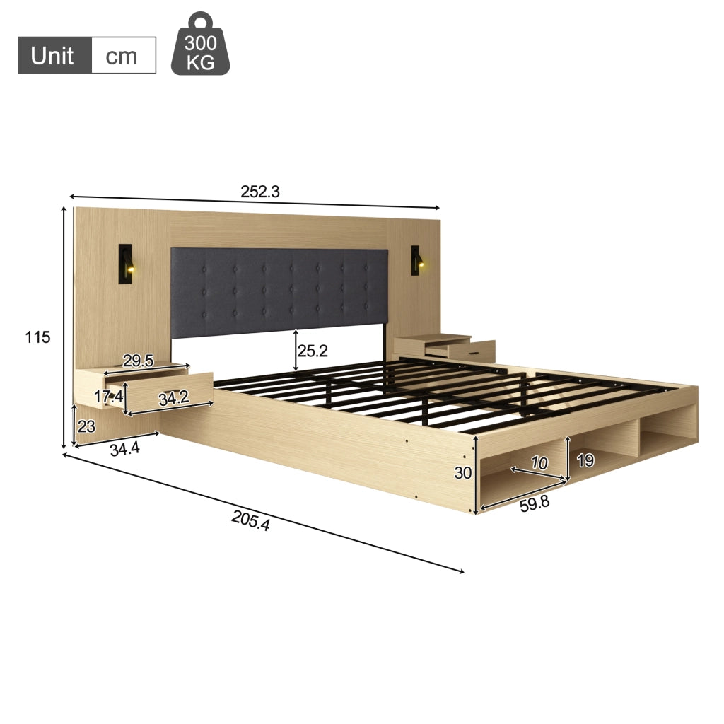 Letto matrimoniale in legno con USB, LED e 2 comodini, 180x200 cm, quercia chiara
