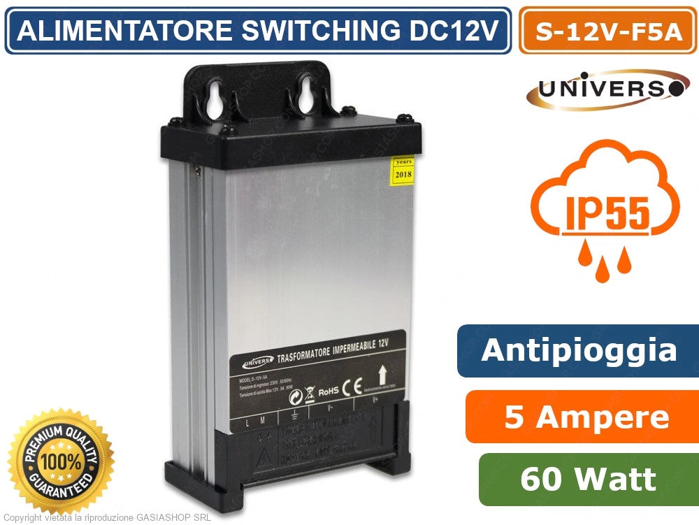 ALIMENTATORE ANTIPIOGGIA IMPERMEABILE 60W 12V IP55 5 AMPERE A 1 USCITA CON MORSETTI A VITE