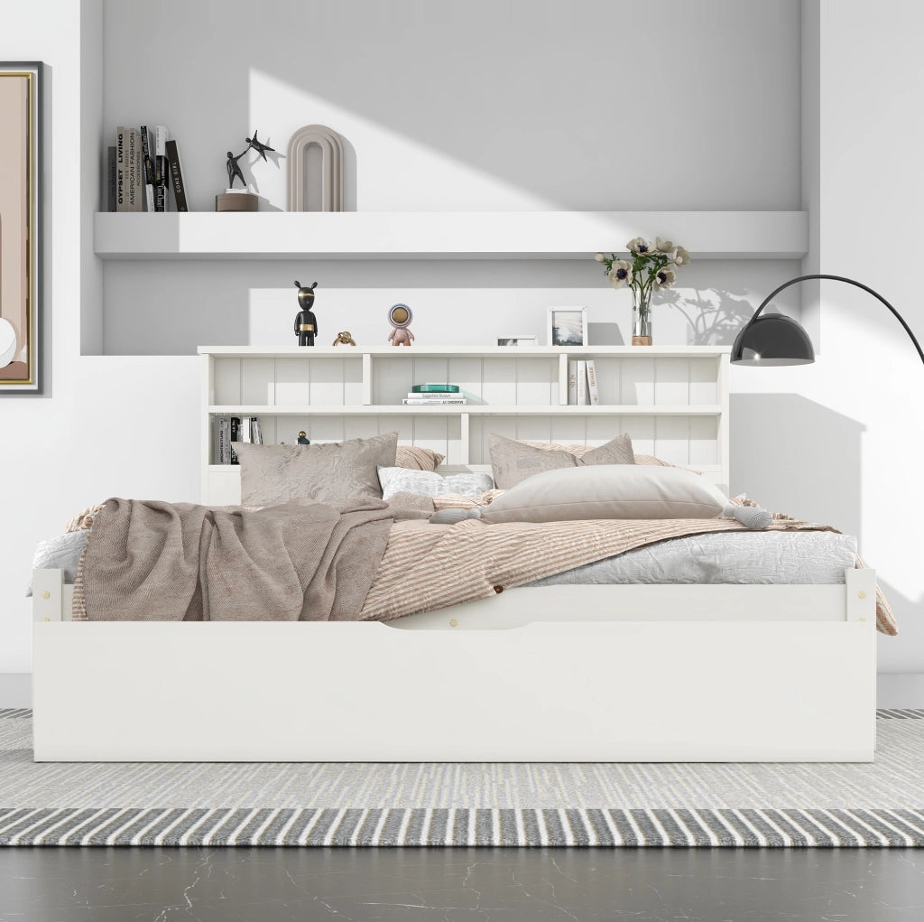 Letto matrimoniale 140x200 cm con testiera libreria e cassetti; bianco