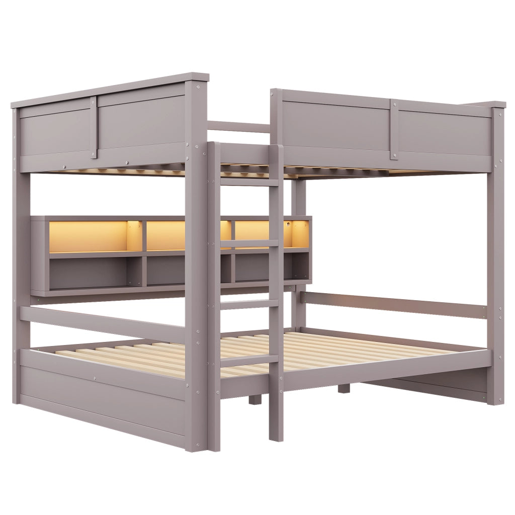 Letto a castello 160x200 cm con armadi contenitore e luce LED, Marrone