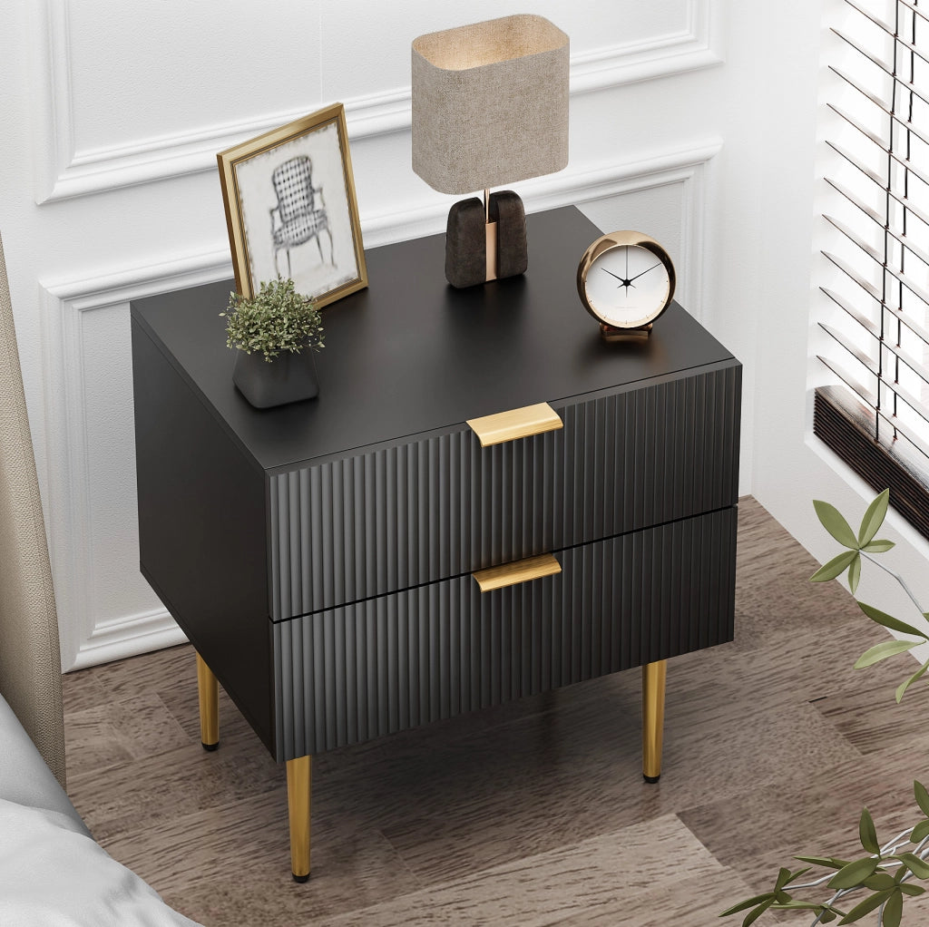 Comodino nero 53 x 41,5 x 52,5 cm, 2 cassetti, MDF e metallo