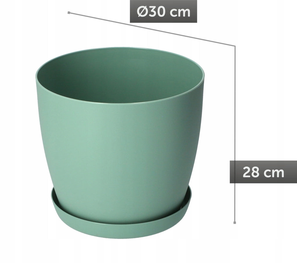 Vaso da fiori KADAX con sottovaso, vaso in plastica da 30 cm, coperchio, fiori, verde opaco